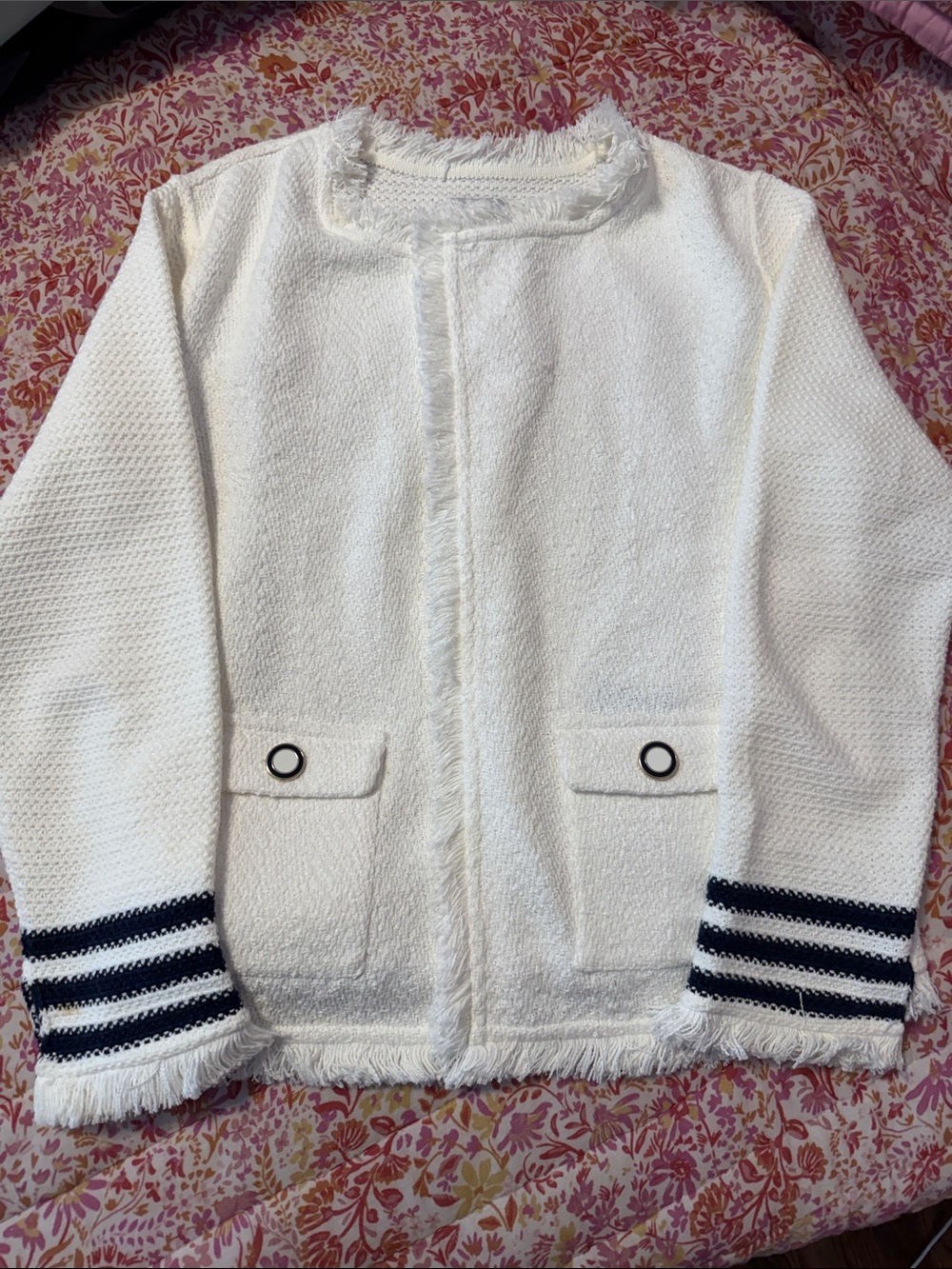 NIC+ZOE White Fringe Jacket with Navy Stripe Cuffs